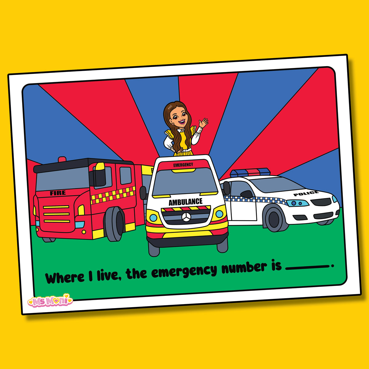 Ms Moni Color In Ms Moni Rescue Vehicles Colouring Sheet