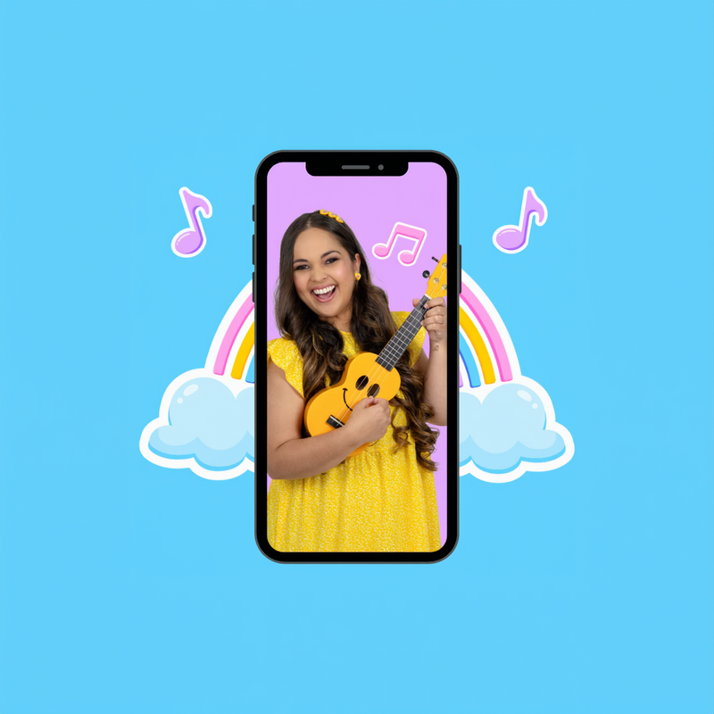 A digital illustration of a mobile phone screen showing a personalized video message from a woman named Ms Moni. She is smiling and holding a yellow ukulele with a smiley face on it, with cartoonish blue and pink musical notes and a rainbow in the background.